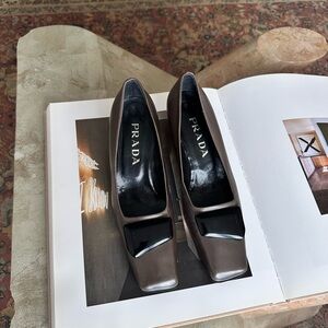 Prada Women's Gray Leather Heeled Square Toe Loafers